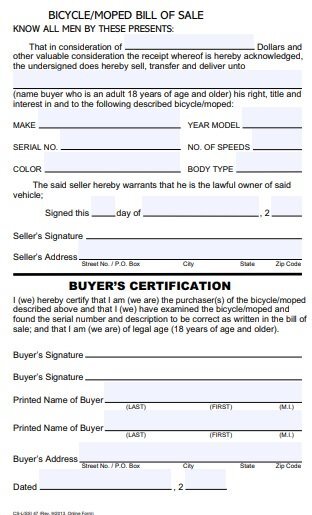 bicycle or moped bill of sale form CS LSS47