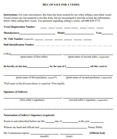 bill of sale for a vessel