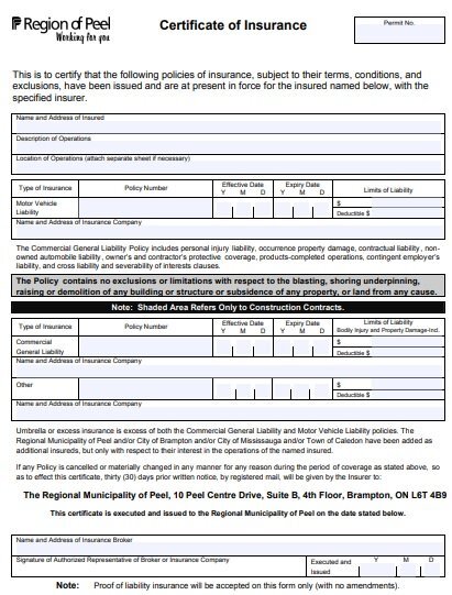 blank certificate of insurance template