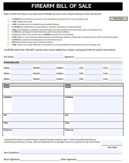 firearm bill of sale form