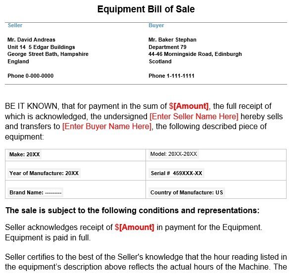 free equipment bill of sale form
