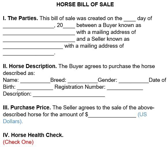 free horse bill of sale form