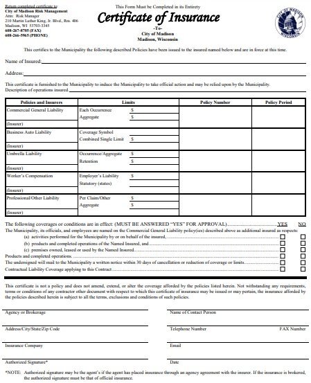 free printable certificate of insurance template