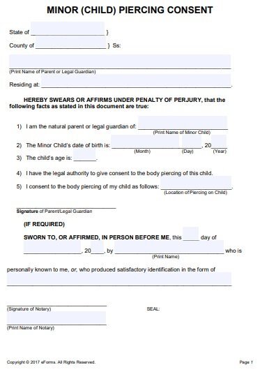 minor child piercing consent form