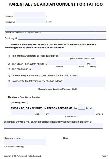 parental consent form for a tattoo