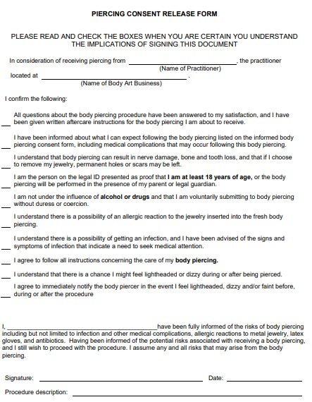 piercing consent release form