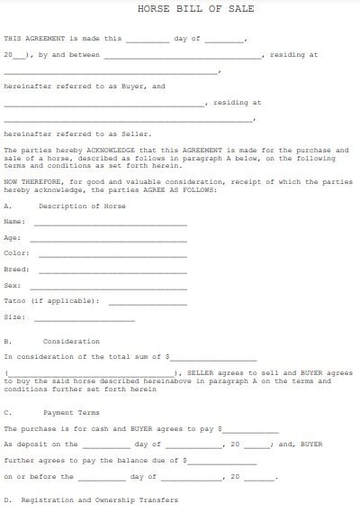 printable horse bill of sale form