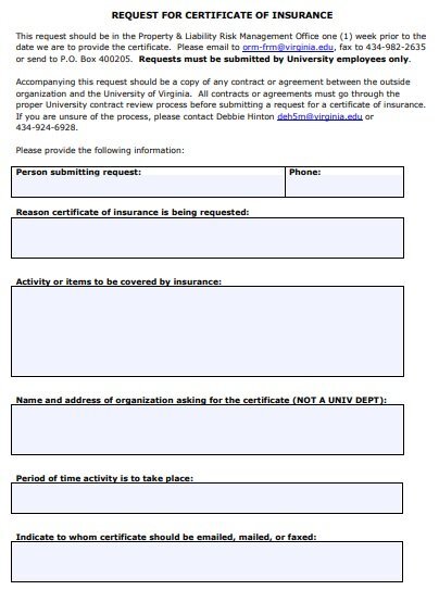 request for certificate of insurance