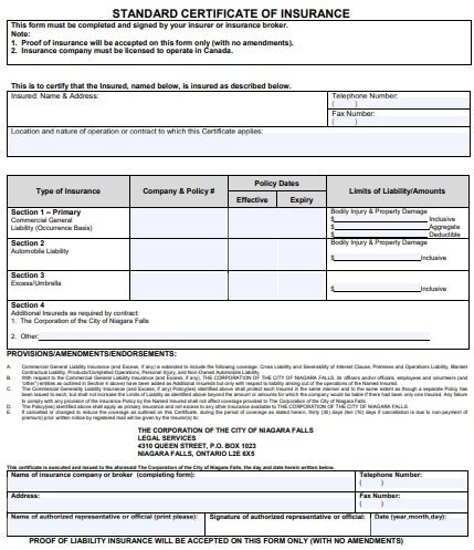 standard certificate of insurance form