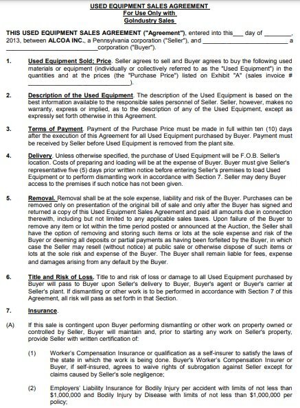 used equipment sales agreement template