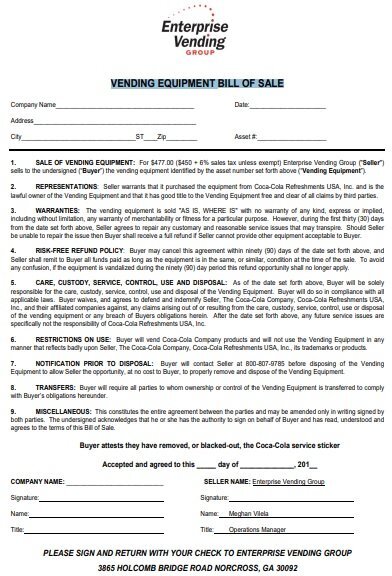 vending equipment bill of sale form