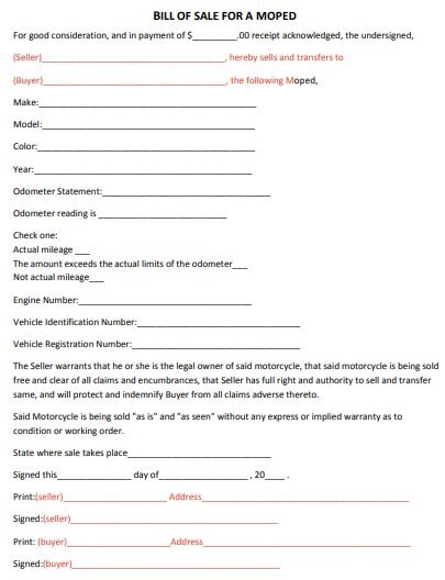 fillable moped bill of sale form