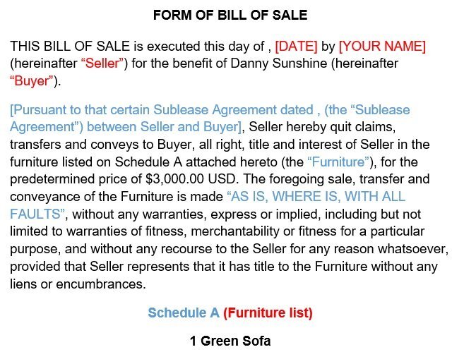 sofa furniture bill of sale form