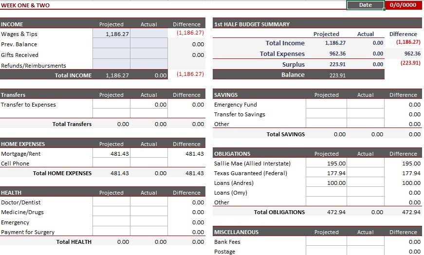 free printable weekly budget template