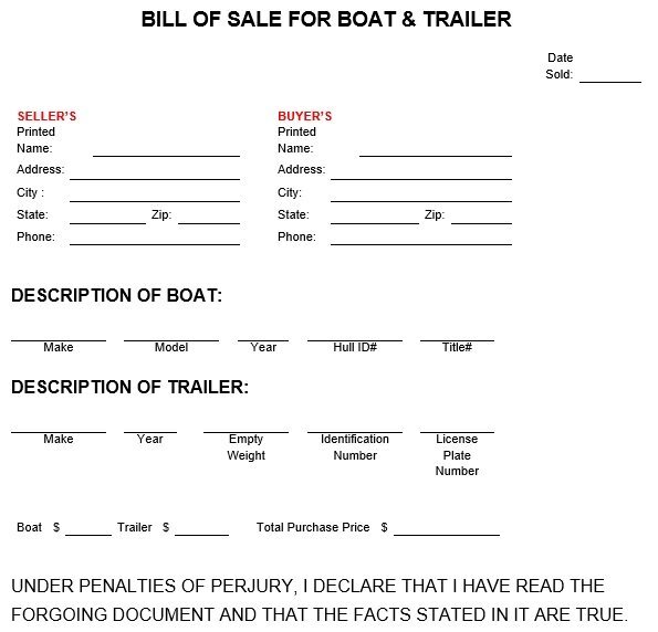 boat and trailer bill of sale form