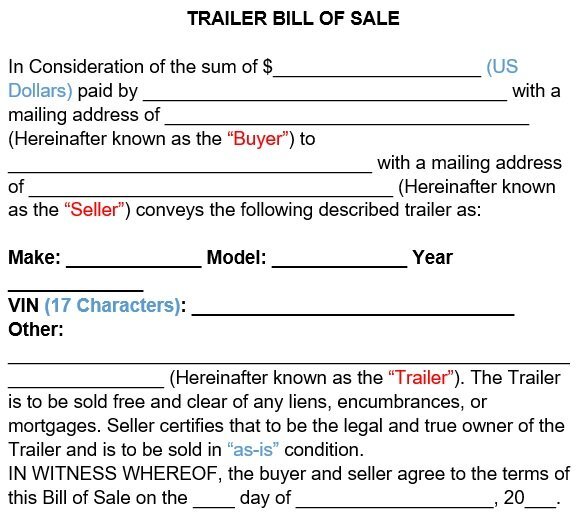 free printable trailer bill of sale form