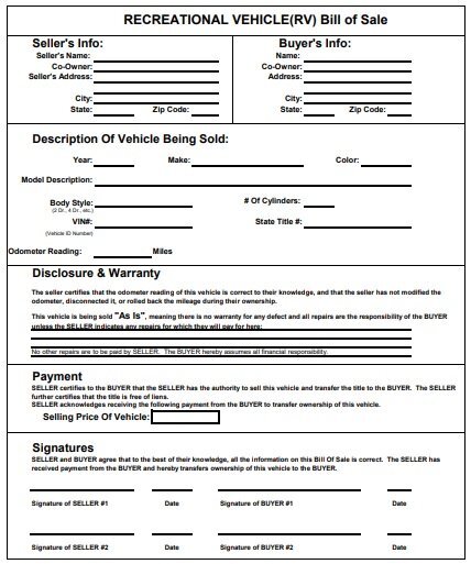 free rv bill of sale form 1