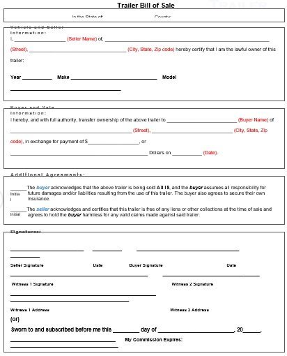 travel trailer bill of sale form