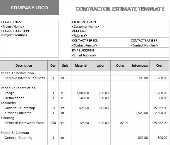 free construction estimate template 3