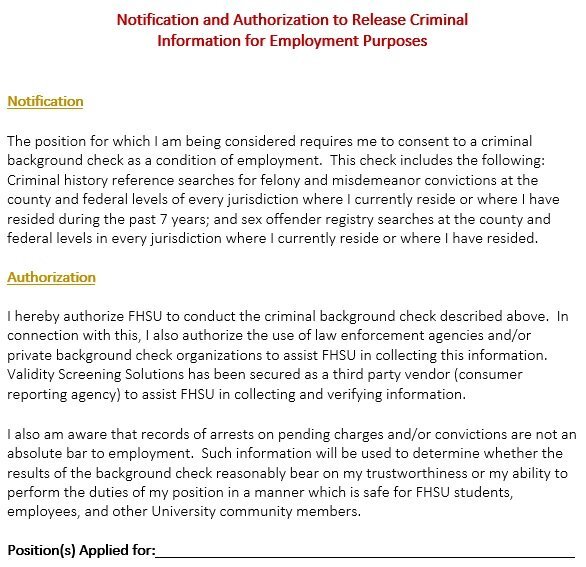 notification and authorization to release criminal information for employment purposes