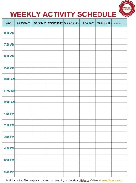 weekly activity schedule template