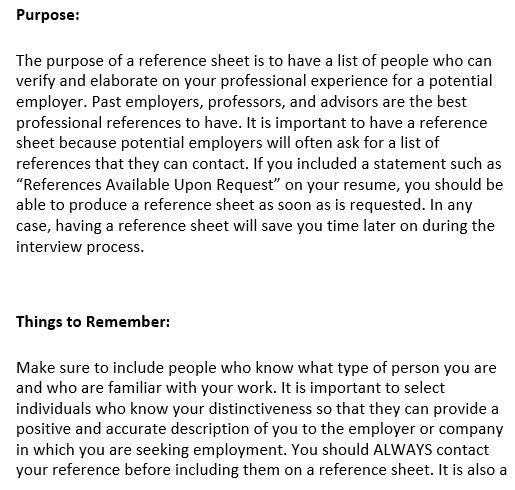 reference sheet outline