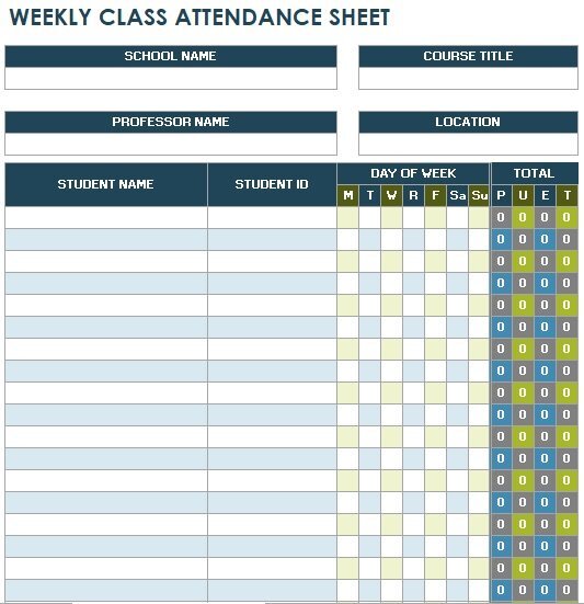 weekly class attendance sheet