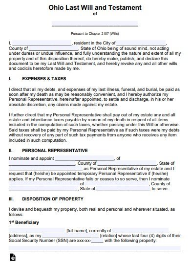 Ohio last will and testament template