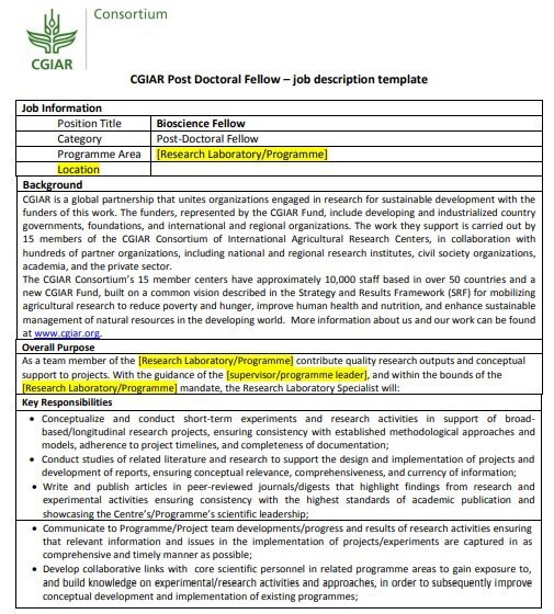 cgiar post doctoral fellow job description template