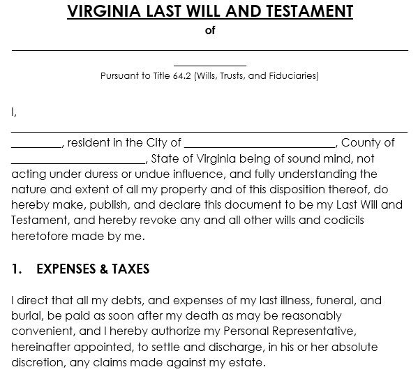 free Virginia last will and testament template