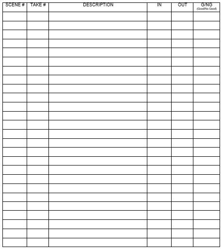 VTR log sheet template