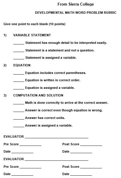 developmental math word problem rubric template