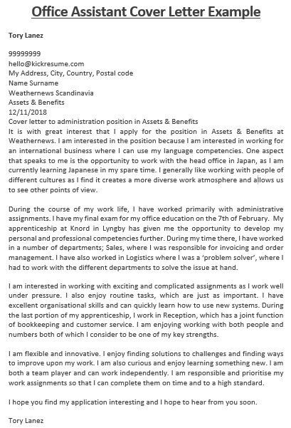 office assistant cover letter example