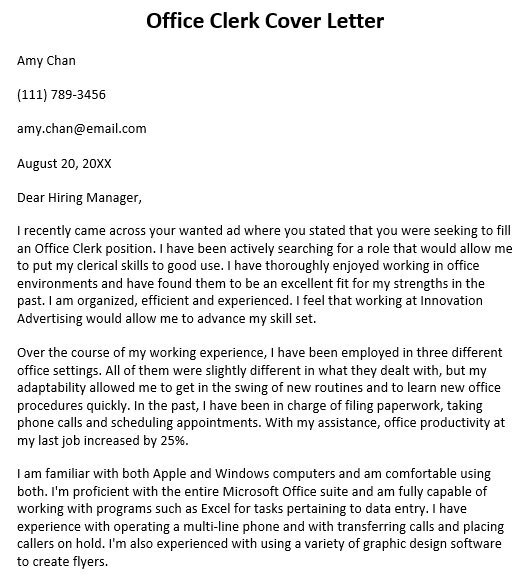 office clerk cover letter
