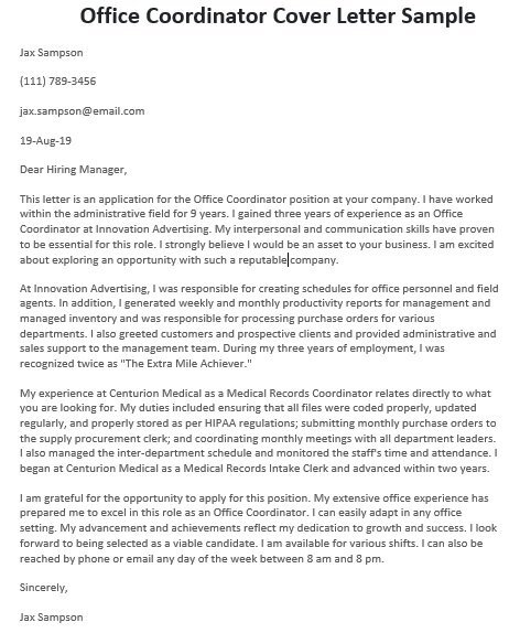 office coordinator cover letter sample