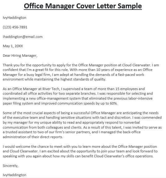 office manager cover letter sample