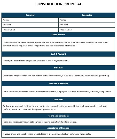 printable construction proposal template