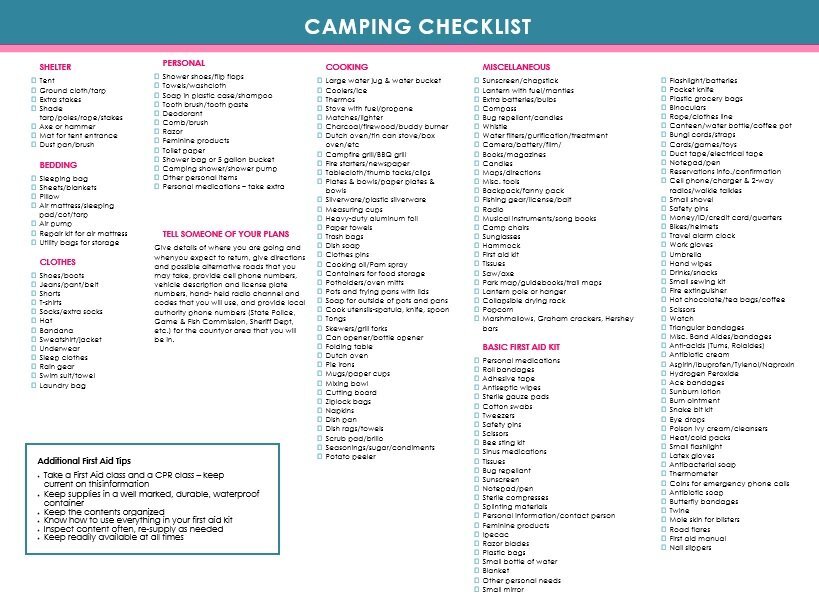 camping checklist printable