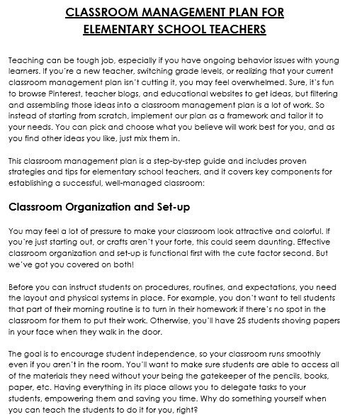 classroom management plan for elementary school teachers