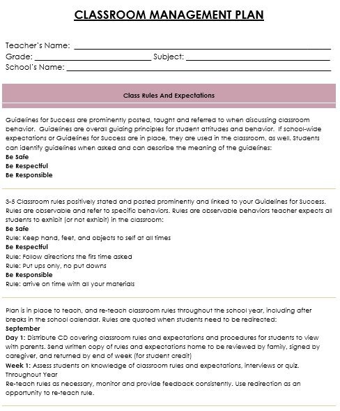 editable classroom management plan template