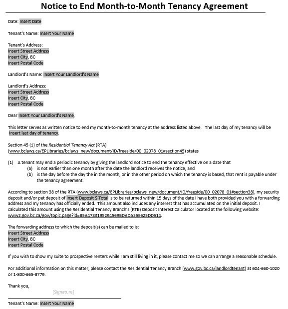 notice to end month to month tenancy agreement template