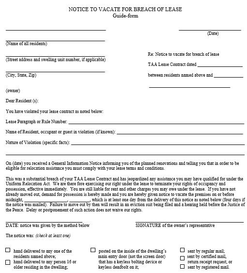 notice to vacate for breach of lease