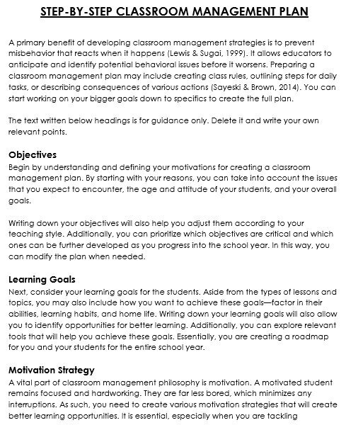 printable classroom management plan template