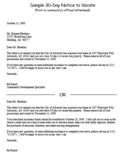sample 30 day notice to vacate