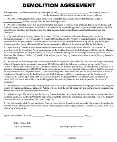 free demolition agreement form