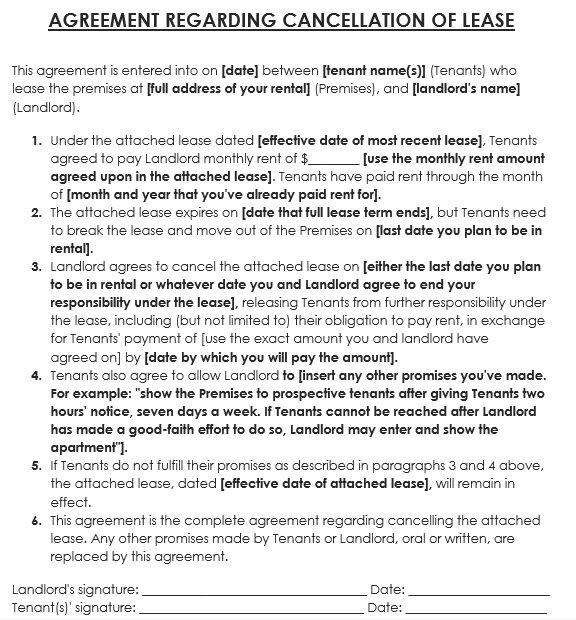 sample agreement regarding cancellation of lease