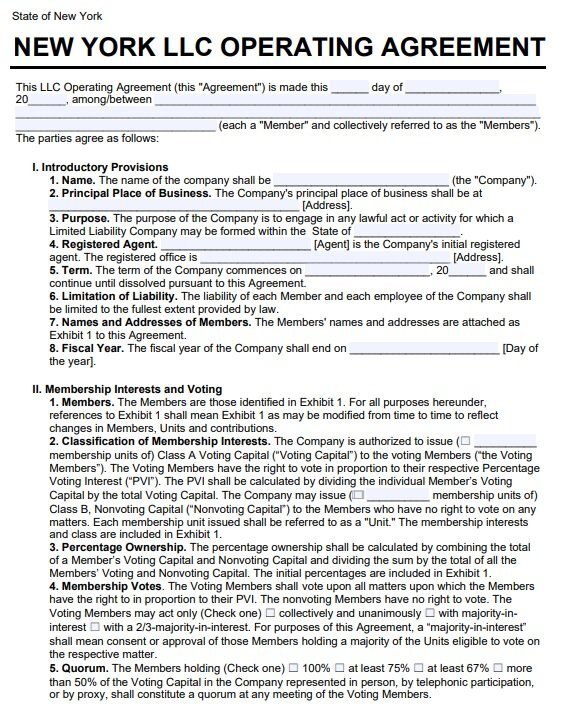 new york llc operating agreement form