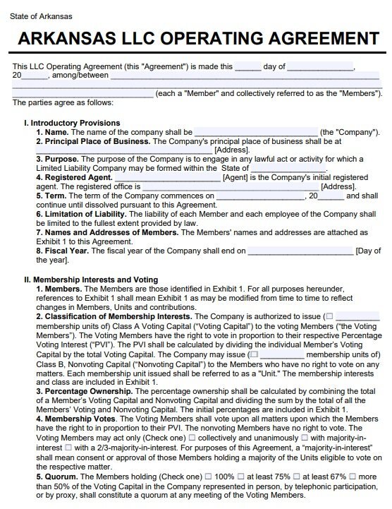 Arkansas LLC Operating Agreement