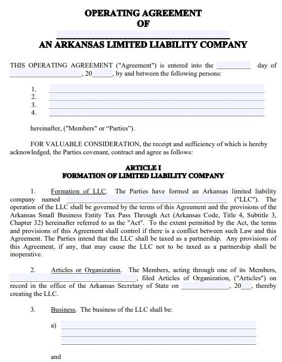 arkansas multi member llc operating agreement template