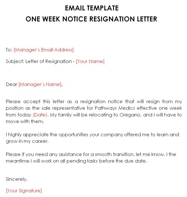 email template for one week notice resignation letter